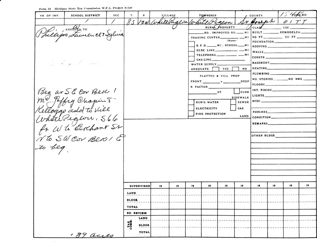 A land tax form filled out for Phillips, Lawrence & Sylvia, with property description and location details in Michigan.