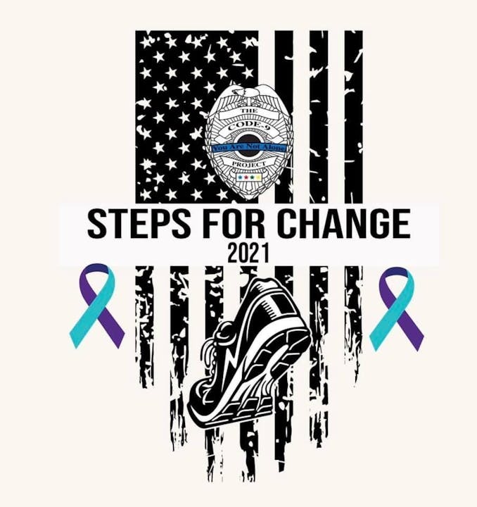 An American flag with thin blue lines, a badge, text "STEPS FOR CHANGE 2021", sneakers, and blue ribbons.