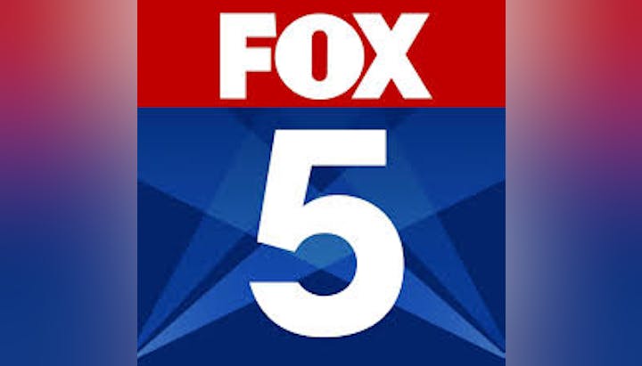 Logo with "FOX 5" in bold letters, red top banner, blue background.