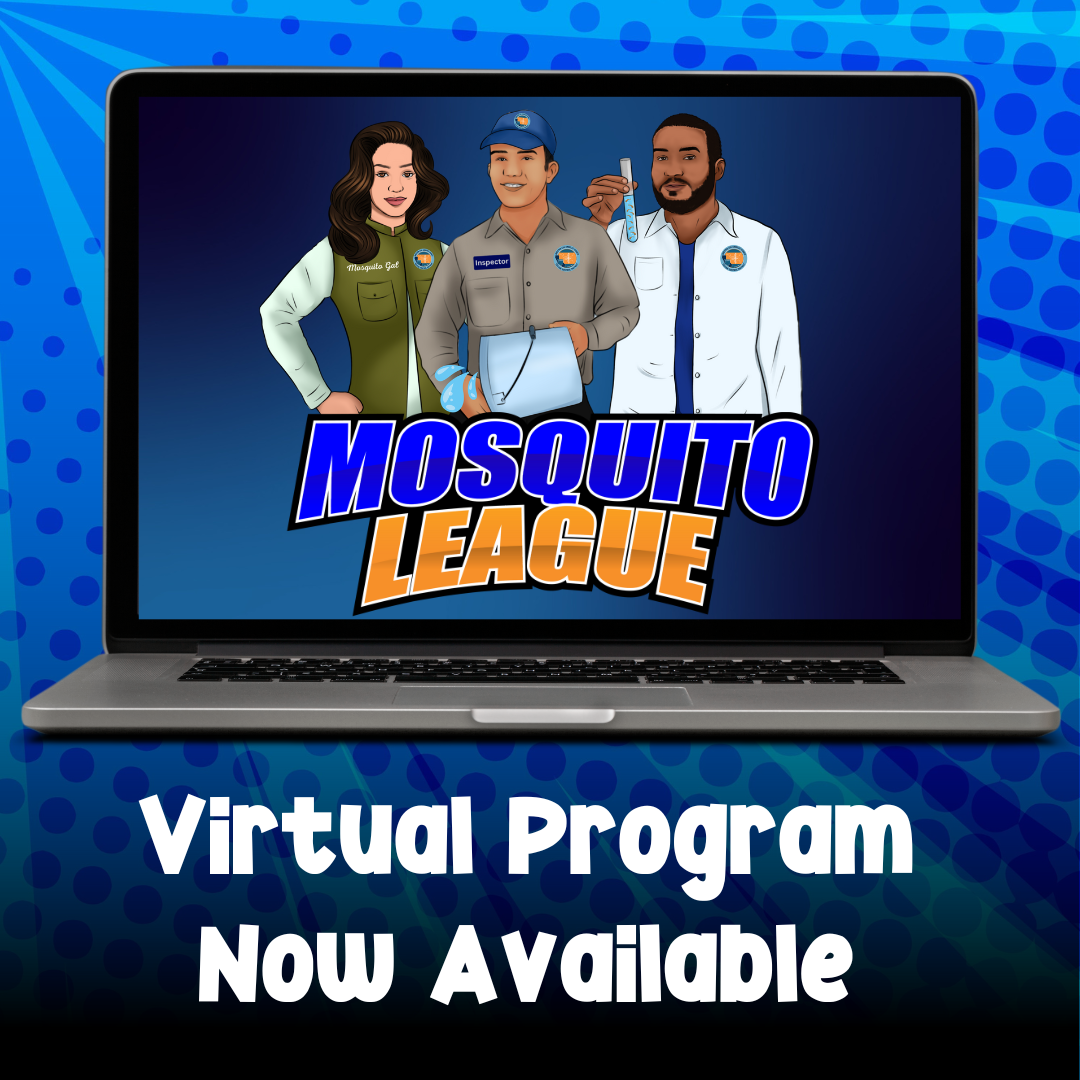 A laptop displaying a graphic for a "Mosquito League Virtual Program" with three animated characters.