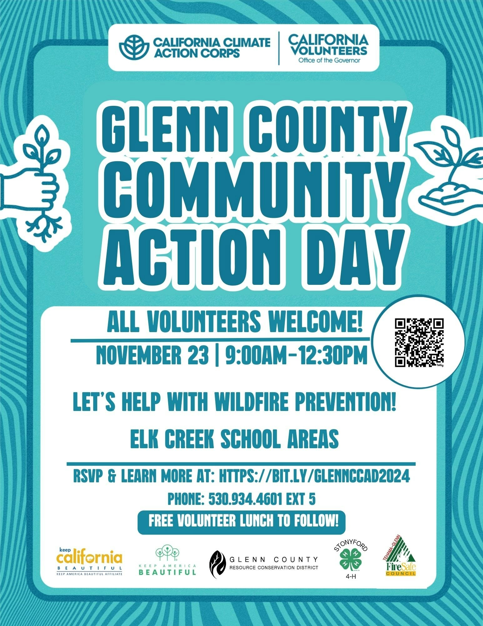 Flyer for Glenn County Community Action Day, inviting volunteers for wildfire prevention on November 23, 9AM-12:30PM with free lunch.