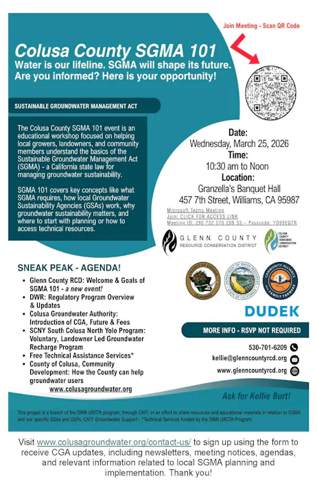 An educational workshop on California's Sustainable Groundwater Management Act (SGMA) on March 25, 2026, at Granzella's Banquet Hall.