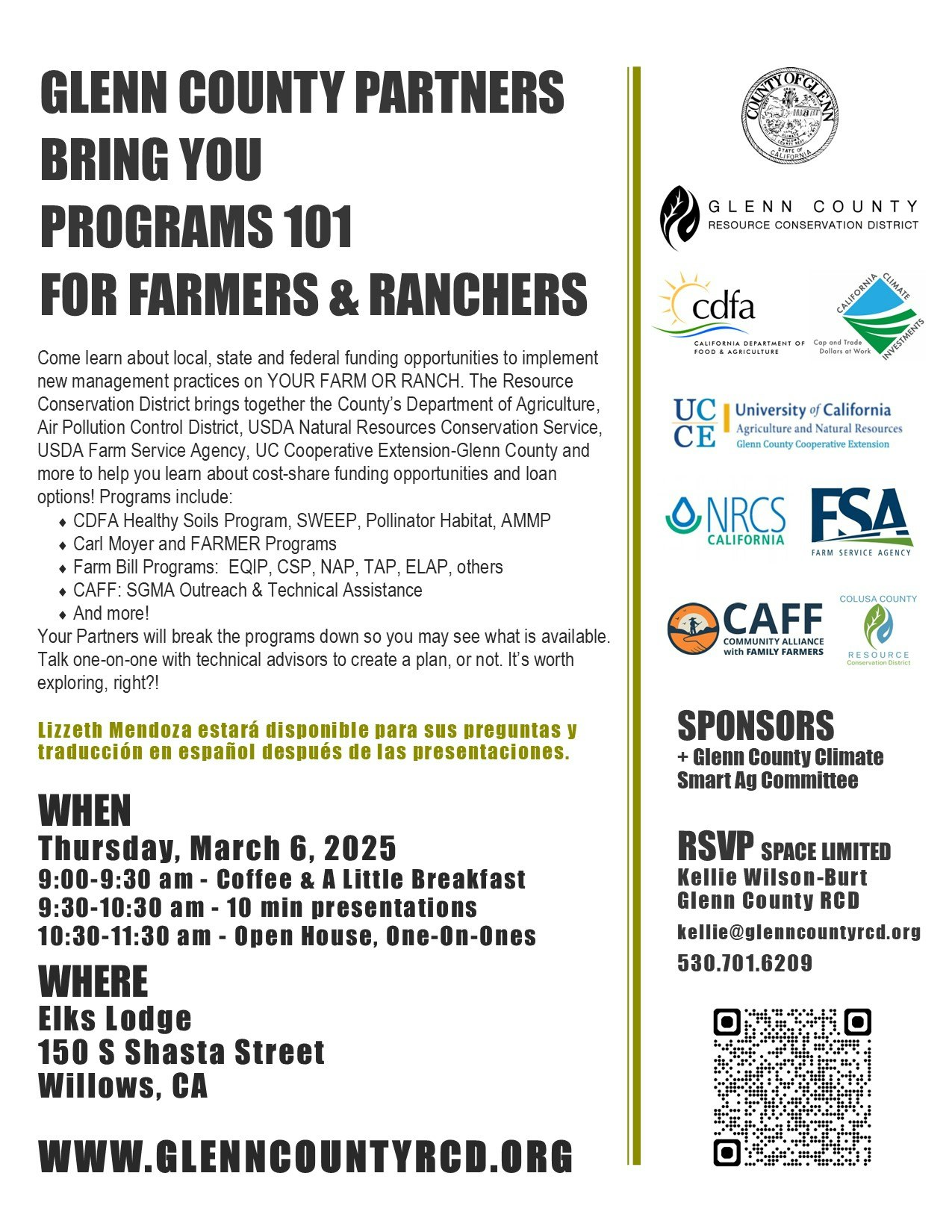 Event flyer for "Programs 101 for Farmers & Ranchers" on March 6, 2025, at Elks Lodge, Willows, CA. RSVP info included.