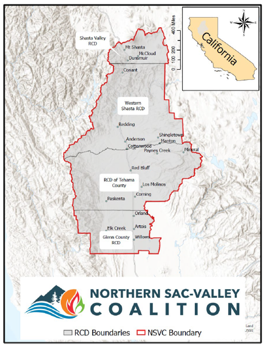 Map of Northern Sac-Valley Coalition, California, with RCD boundaries marked. Includes inset of California's location.
