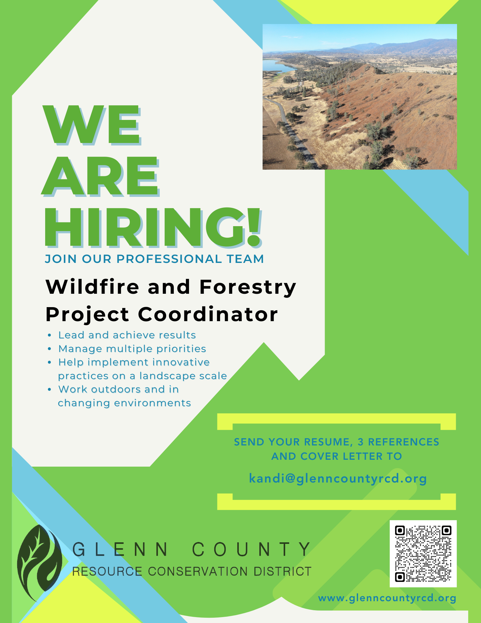 Job hiring poster for Wildfire and Forestry Project Coordinator by Glenn County Resource Conservation District, with email, QR code, and website.