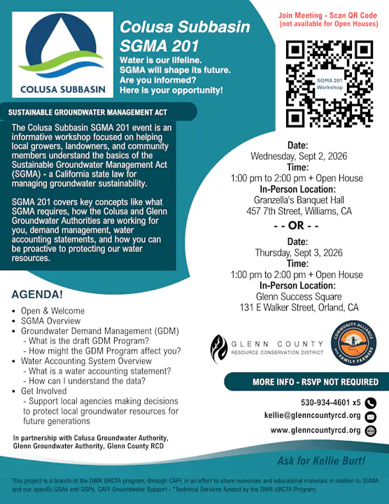 The image promotes the "Colusa Subbasin SGMA 201" workshop on groundwater management, set for Sept 2 & 3, 2026, in Williams and Orland, CA.