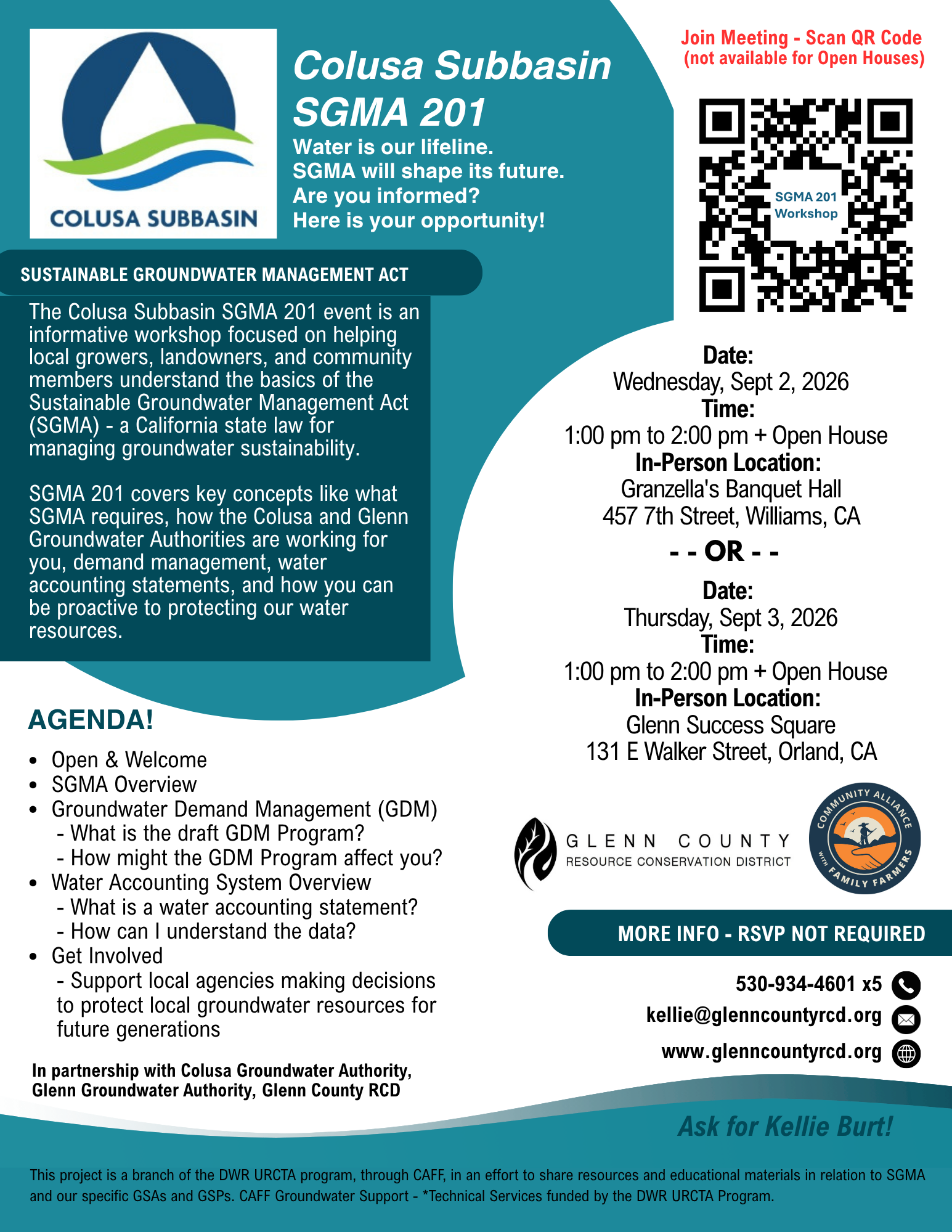 The image promotes the "Colusa Subbasin SGMA 201" workshop on groundwater management, set for Sept 2 & 3, 2026, in Williams and Orland, CA.