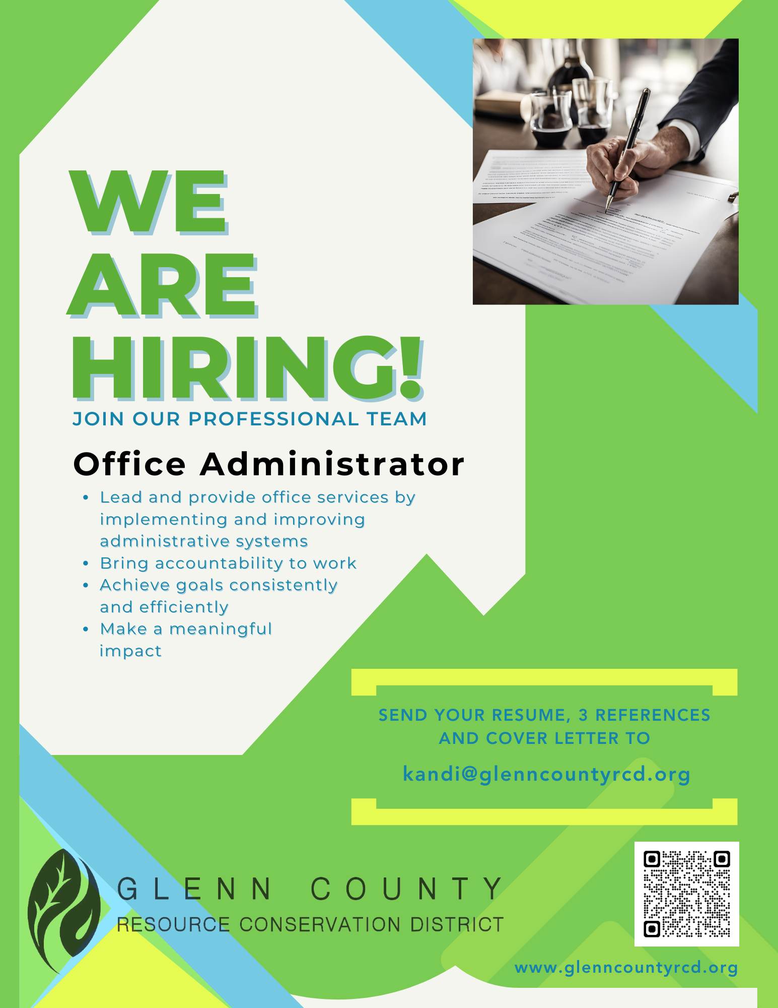 A job vacancy poster for an Office Administrator with application details and a QR code.