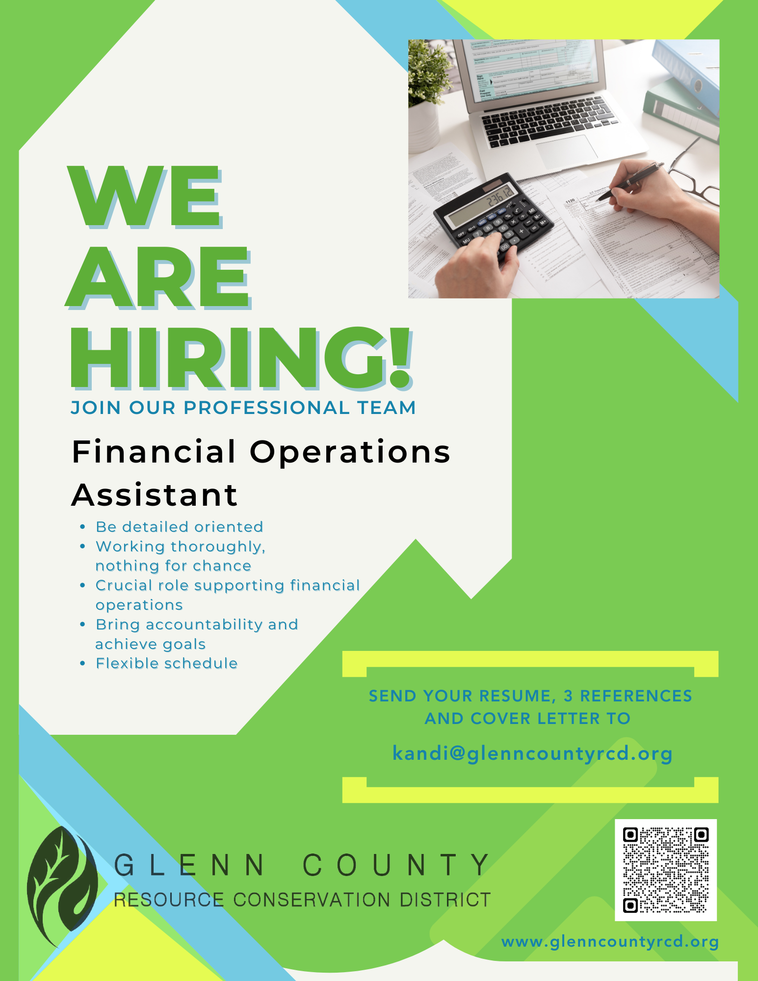Job ad for Financial Operations Assistant, with application details, QR code, and emphasis on detail-orientation and accountability.