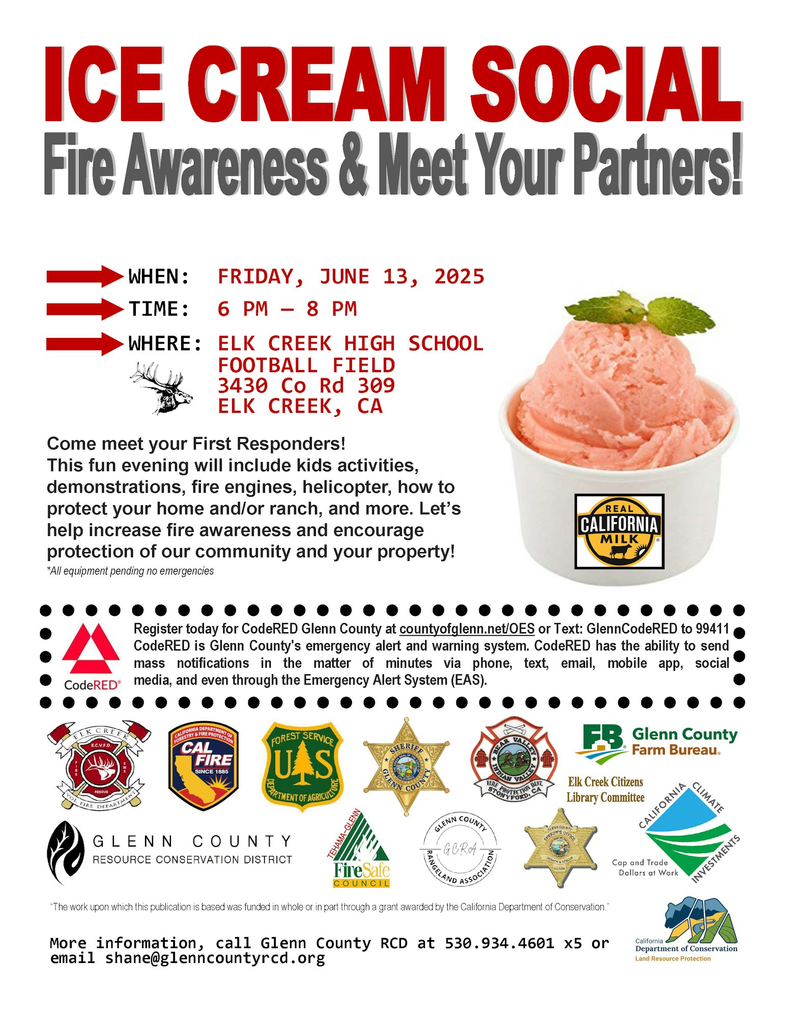 Ice Cream Social on June 13, 2025, for fire awareness at Elk Creek High School, 6-8 PM. Activities and demonstrations included.