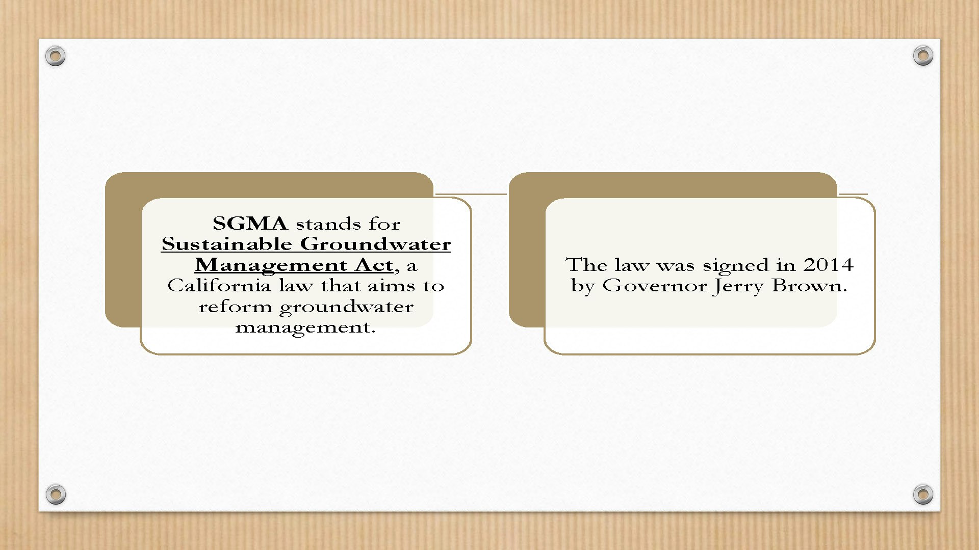 SGMA: Sustainable Groundwater Management Act, a California law for groundwater reform, signed in 2014 by Governor Jerry Brown.