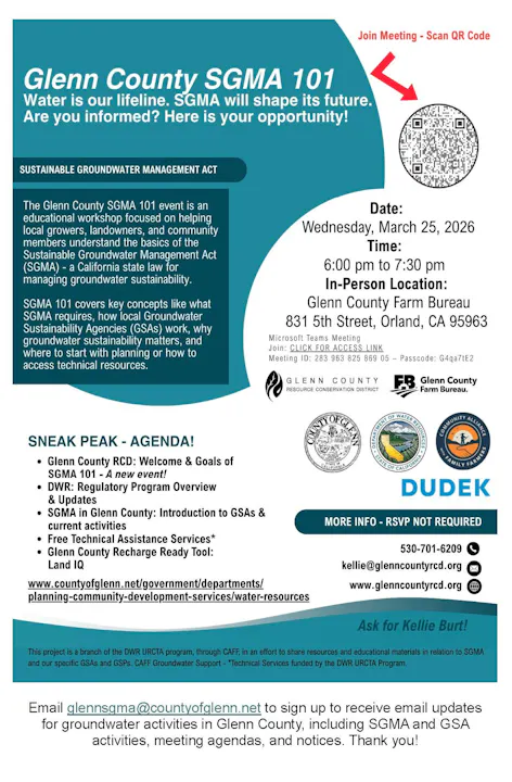 The image advertises a workshop on the Sustainable Groundwater Management Act in Glenn County, scheduled for March 25, 2026.