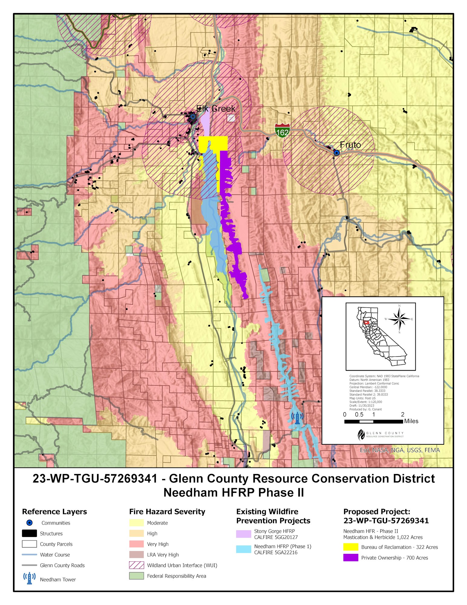 Map showing fire hazard severity zones and wildfire prevention projects in Glenn County, California.