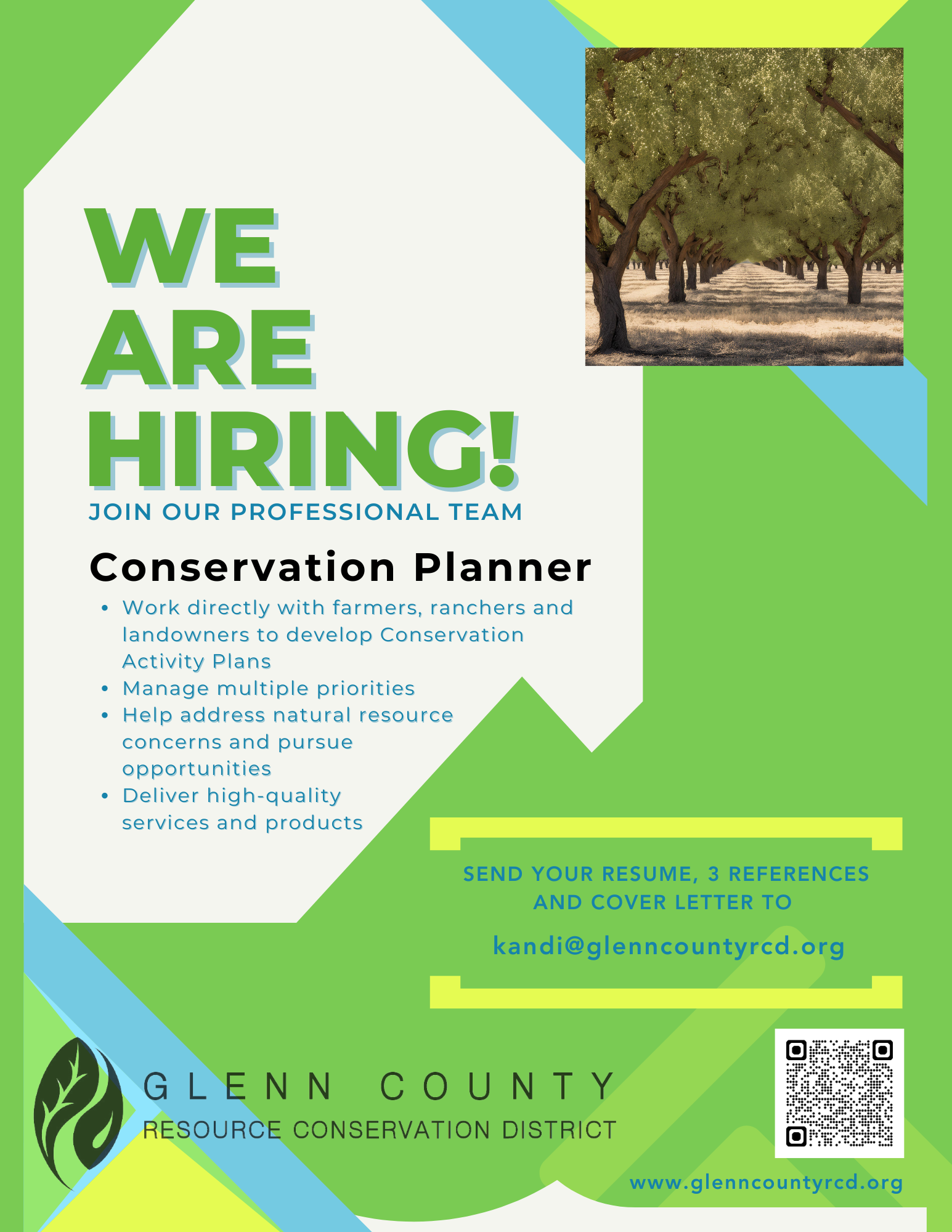 A job advertisement for a Conservation Planner at Glenn County Resource Conservation District, with an email and QR code.