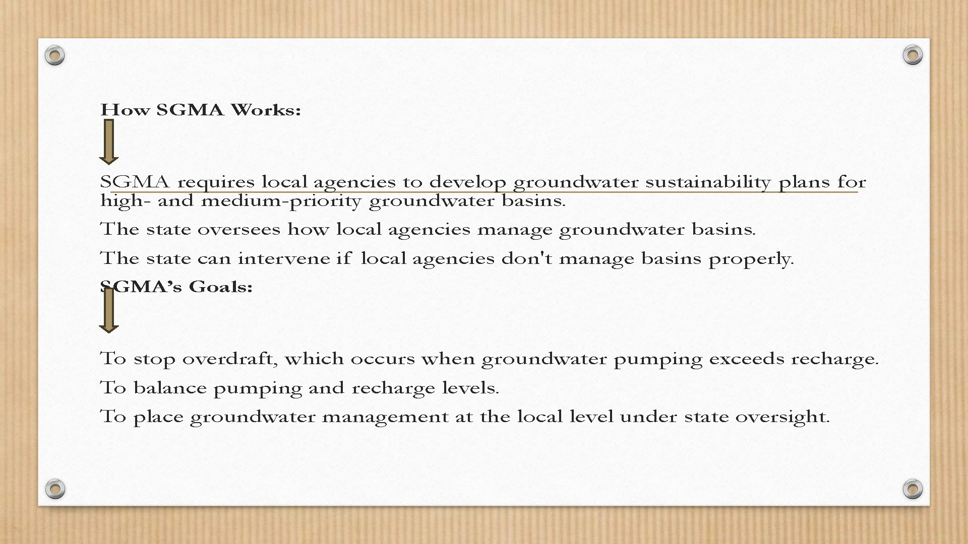 Text about SGMA's working process and goals for groundwater management and sustainability.