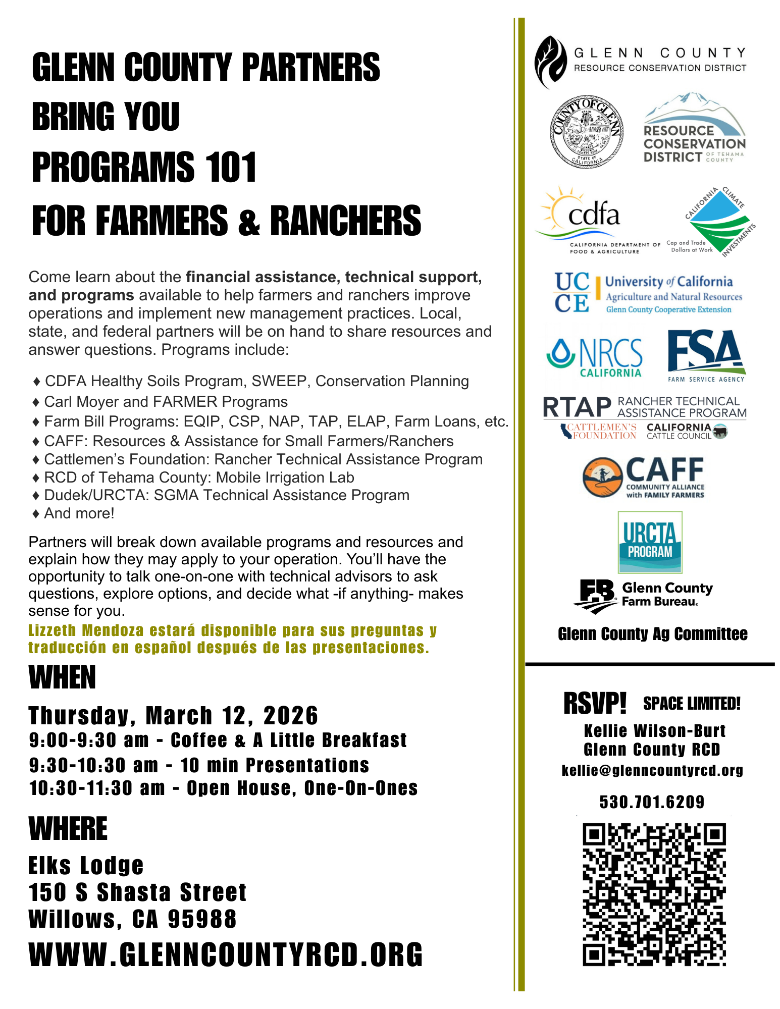 Event for farmers and ranchers on Mar 12, 2026, covering financial assistance and management support. RSVP required.