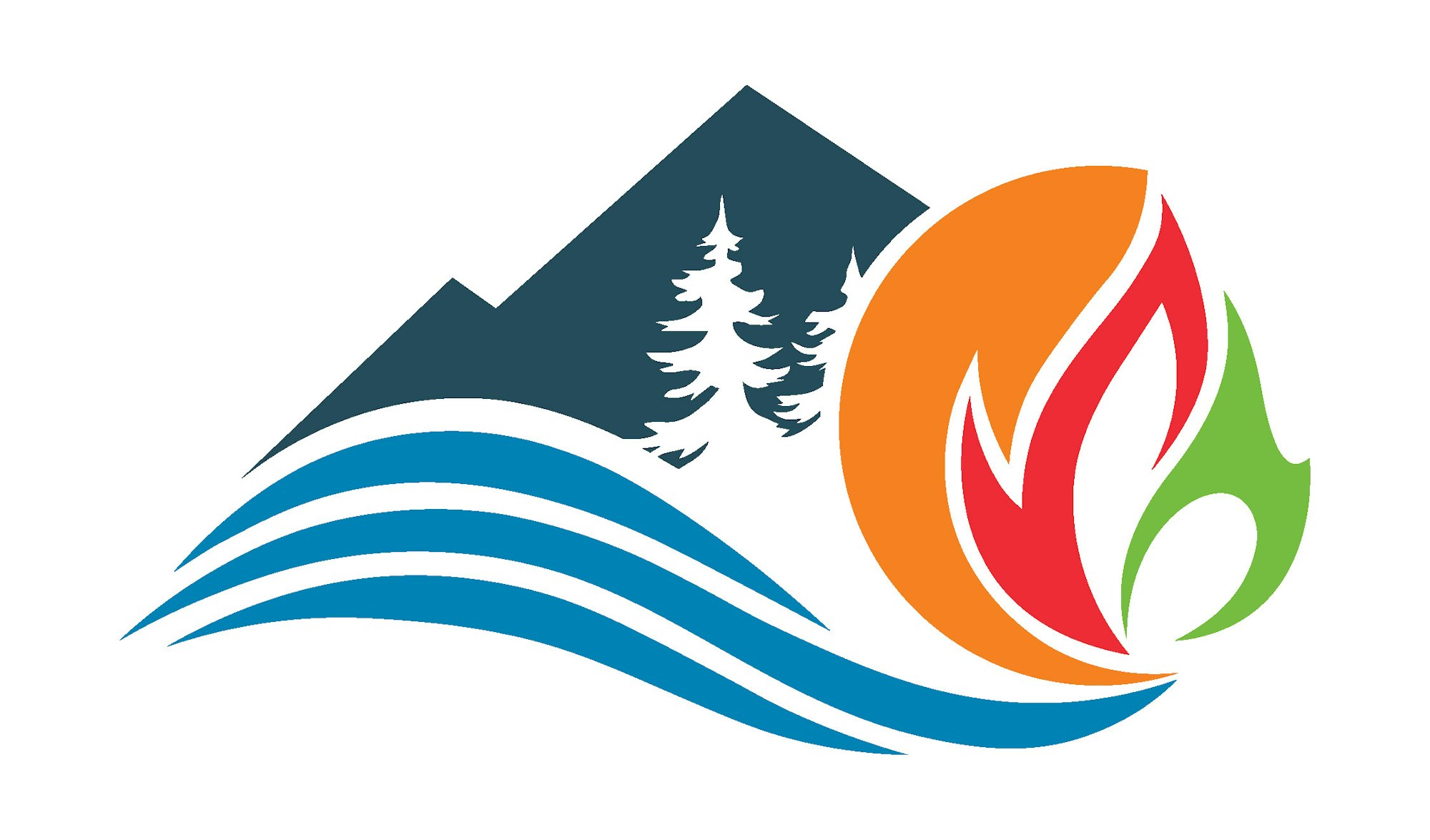 Stylized image of mountains, trees, water waves, and a flame in blue, orange, red, and green.