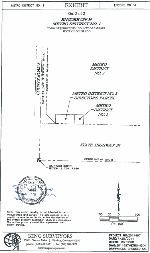 Map showing Metro District No. 1 and 2, a director's parcel, County Road 3, and State Highway 34 in Johnstown, Colorado.