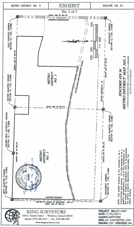A survey map labeled "Encore on 34" showing boundaries, roads, and metro district details in Colorado, with surveyor info at the bottom.