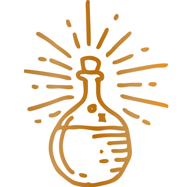 A drawing of a potion bottle with rays emanating from it, giving a magical effect.