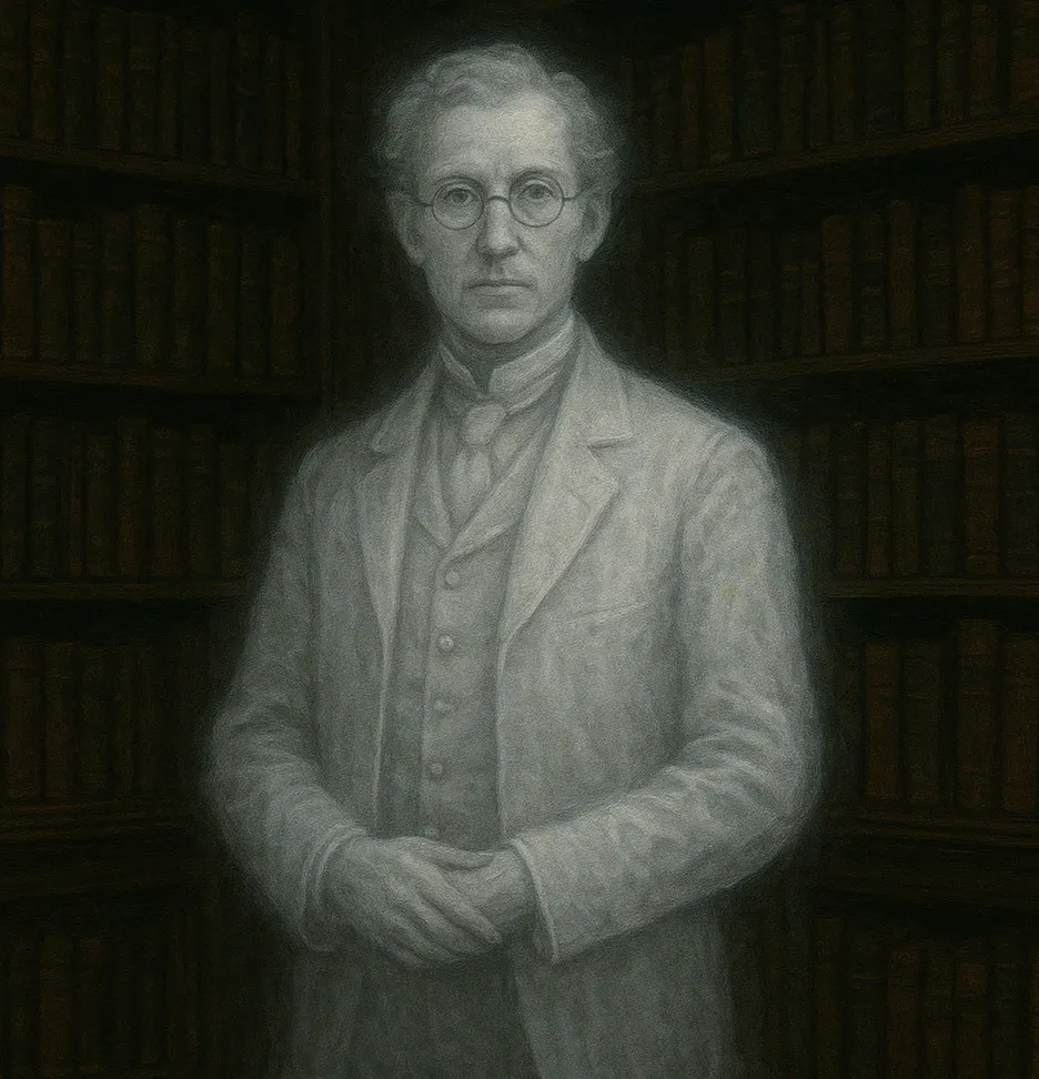 A grayscale portrait of a man in glasses and a suit, standing in a library with bookshelves in the background.