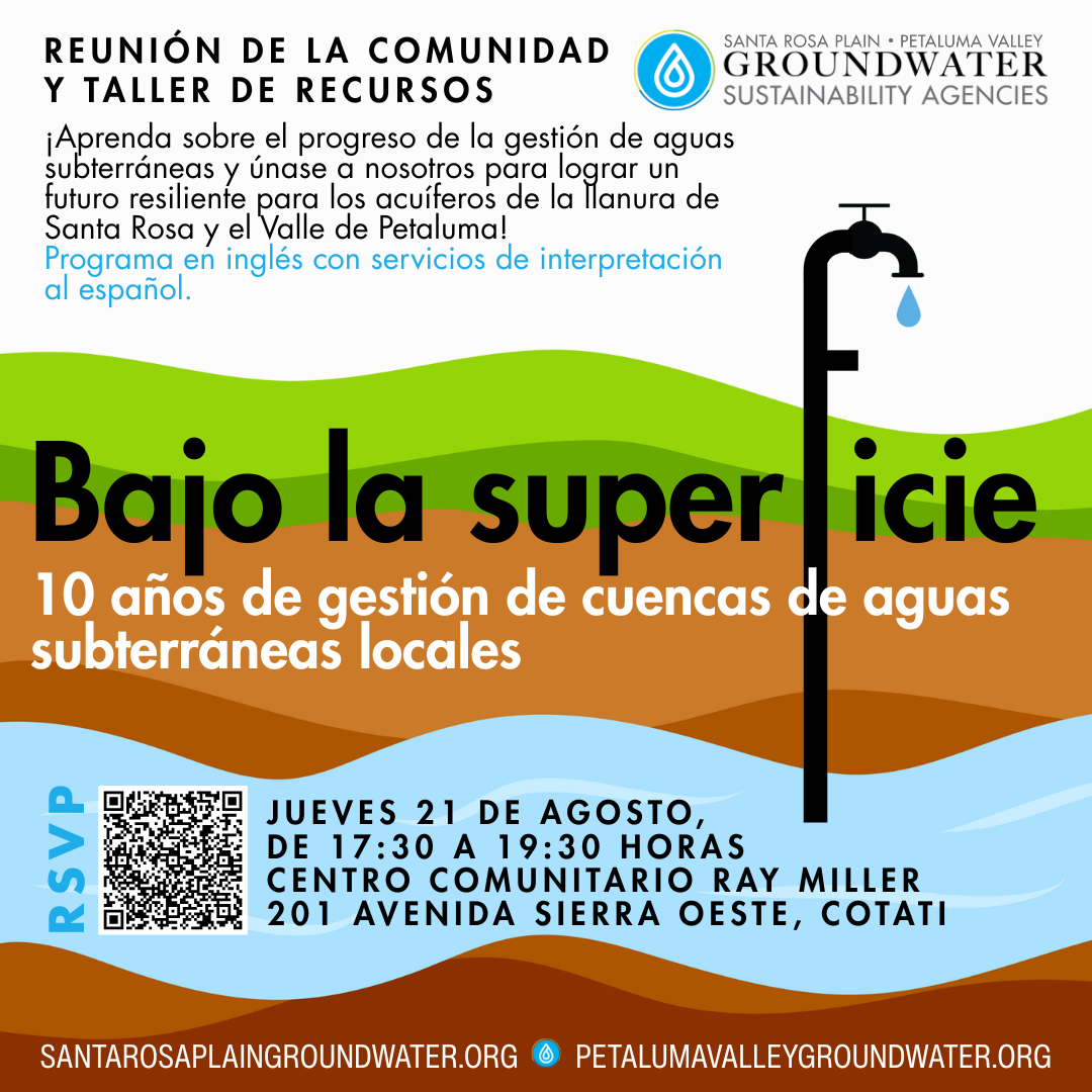 Event flyer about groundwater management in Santa Rosa and Petaluma. Meeting on August 21st, 17:30, at Ray Miller Community Center.