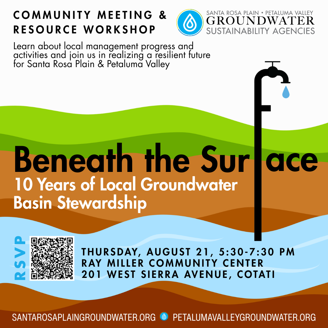 Community meeting on groundwater stewardship, Aug 21, 5:30-7:30 PM, Ray Miller Community Center. RSVP info included.