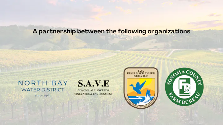 The image promotes a partnership among North Bay Water District, S.A.V.E, U.S. Fish & Wildlife Service, and Sonoma County Farm Bureau.