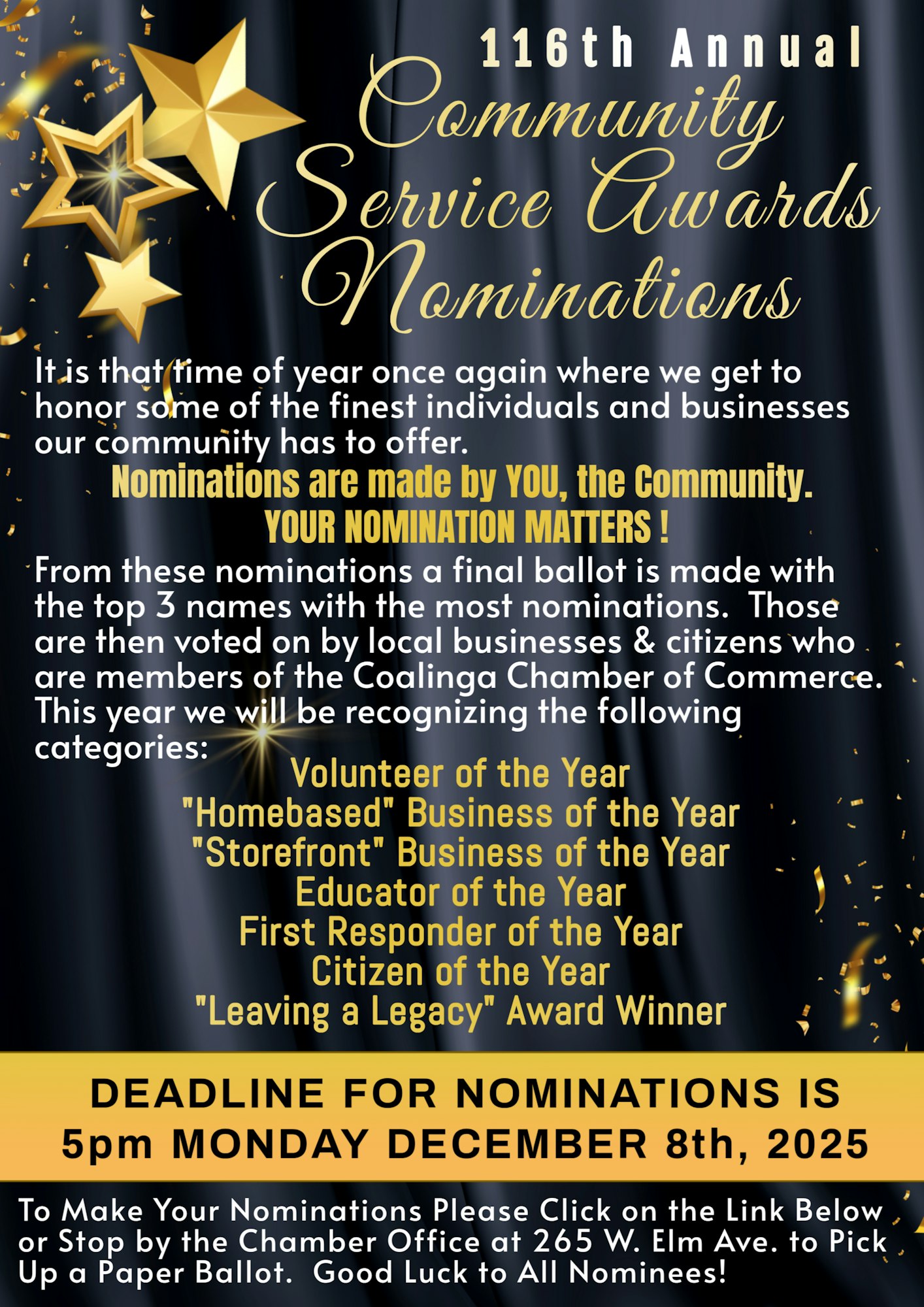 116th Annual Community Service Awards Nominations with a deadline of December 8, 2025. Categories include Volunteer, Educator, and more.