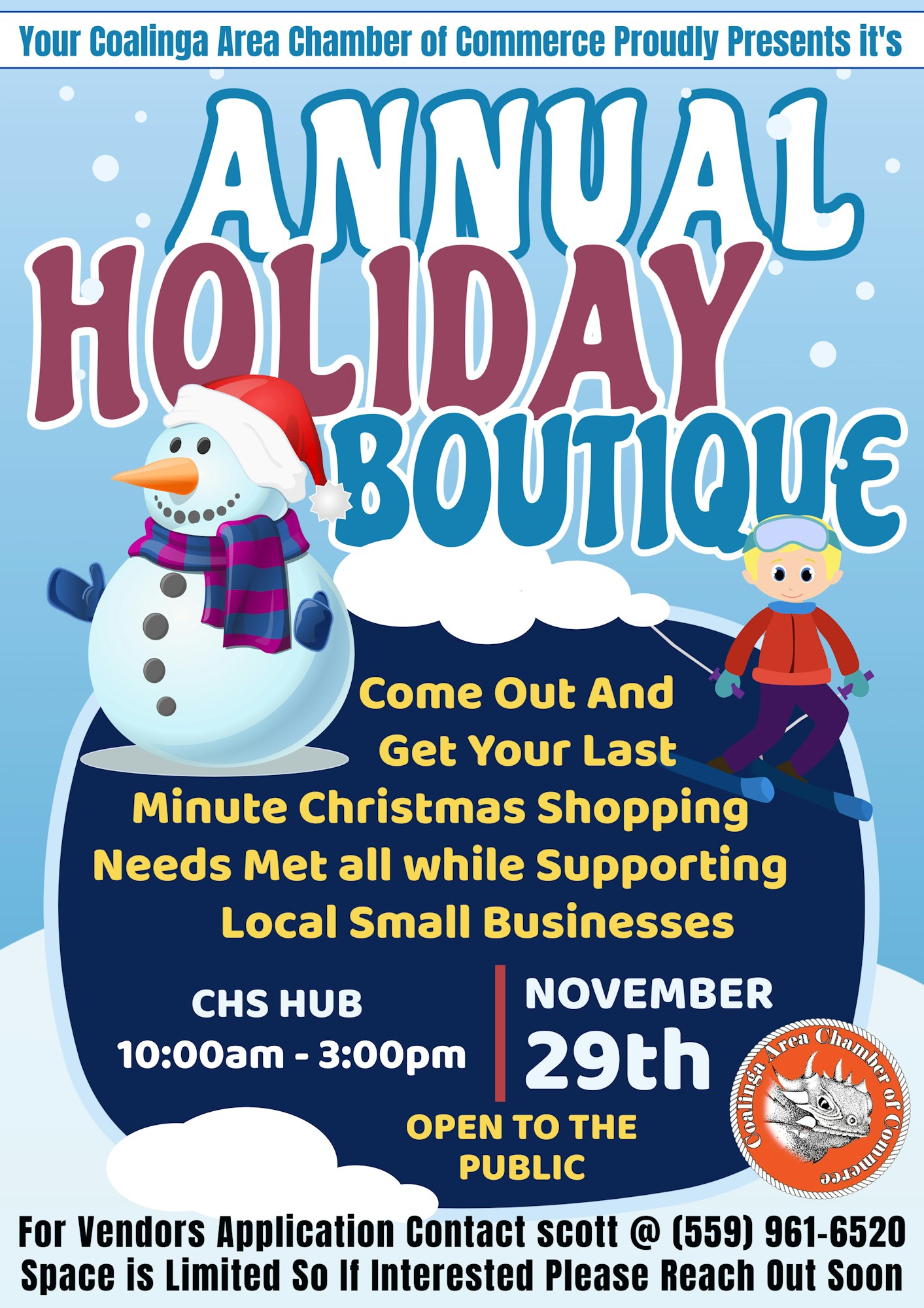 Annual Holiday Boutique ad with snowman, inviting last-minute Christmas shopping at CHS HUB on November 29th, 10AM-3PM.