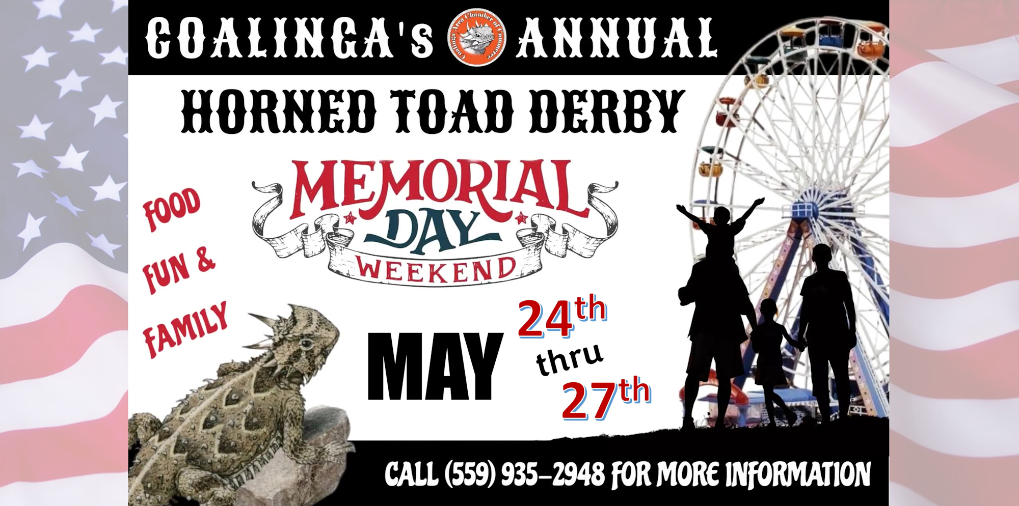 A poster for Coalinga's Annual Horned Toad Derby Memorial Day weekend event with dates, contact info, a Ferris wheel, and American flag elements.