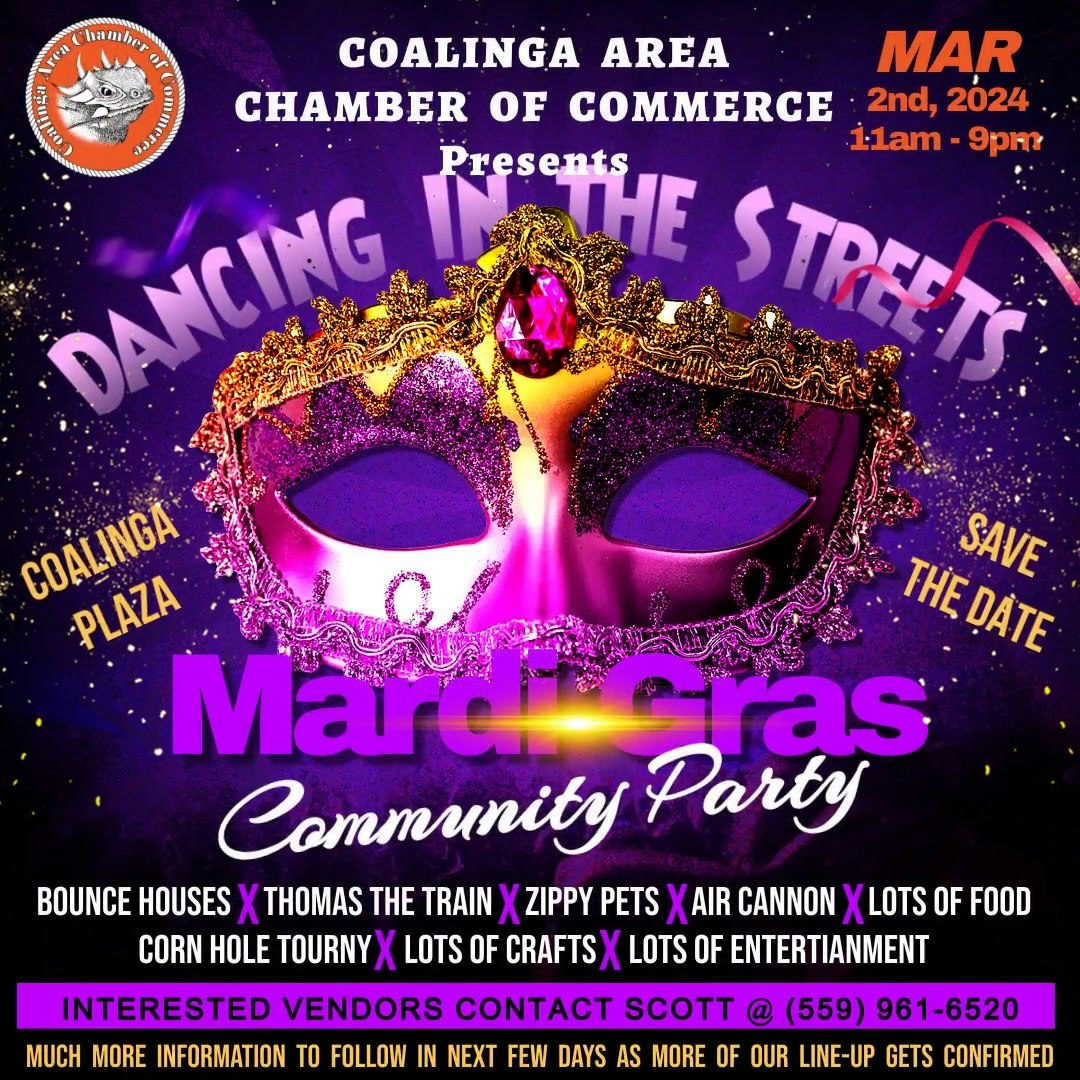 Mardi Gras event poster with a colorful mask for Coalinga Chamber of Commerce on Mar 2nd, 2024, 11am-9pm, with attractions and contact info.