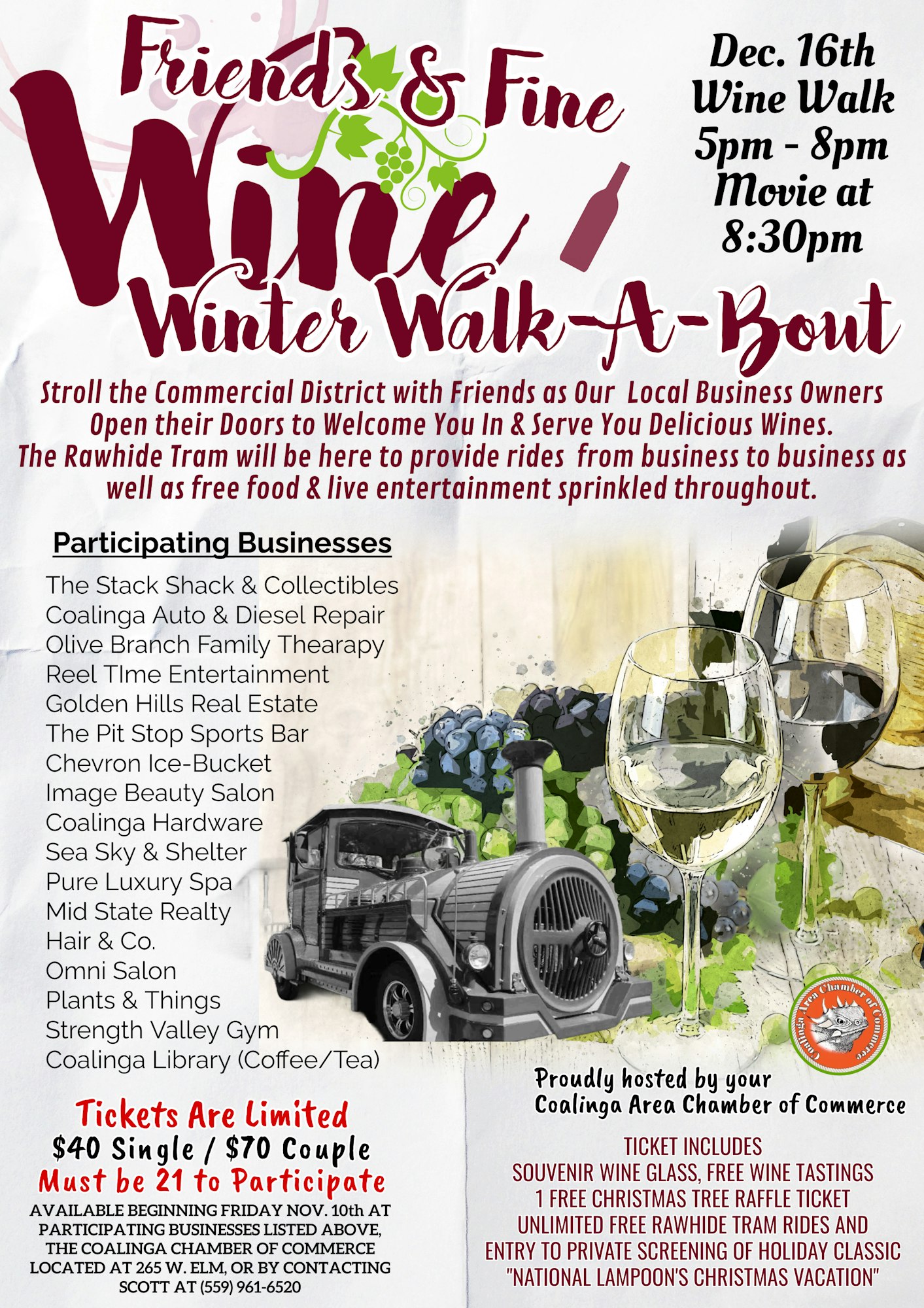 Event on Dec. 16: Wine Walk from 5-8 PM with food, entertainment, and a movie. Tickets: $40 single, $70 couple. 21+ only.