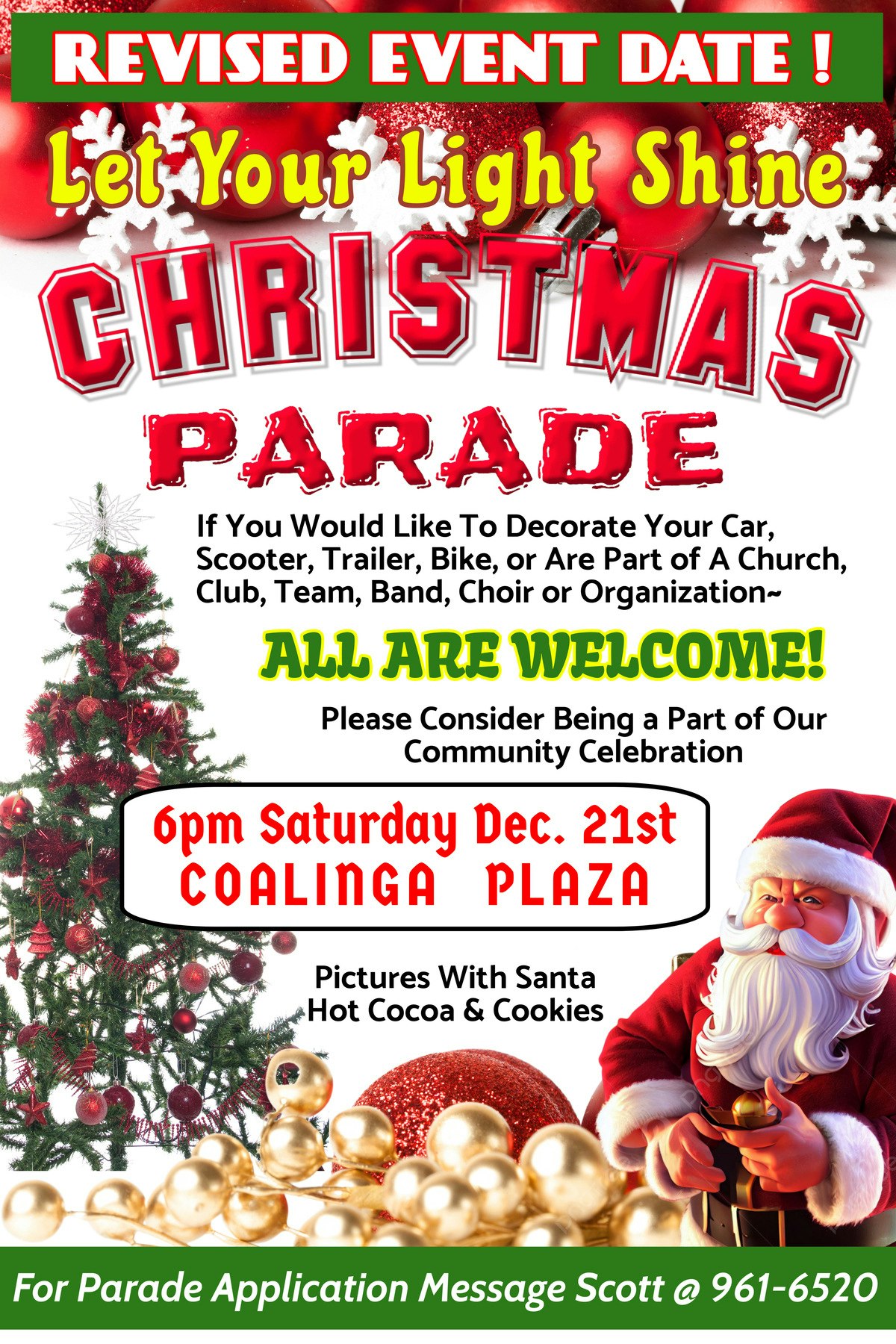 Christmas parade flyer: Dec 21st, 6pm, Coalinga Plaza. Pictures with Santa, hot cocoa, cookies. All are welcome!