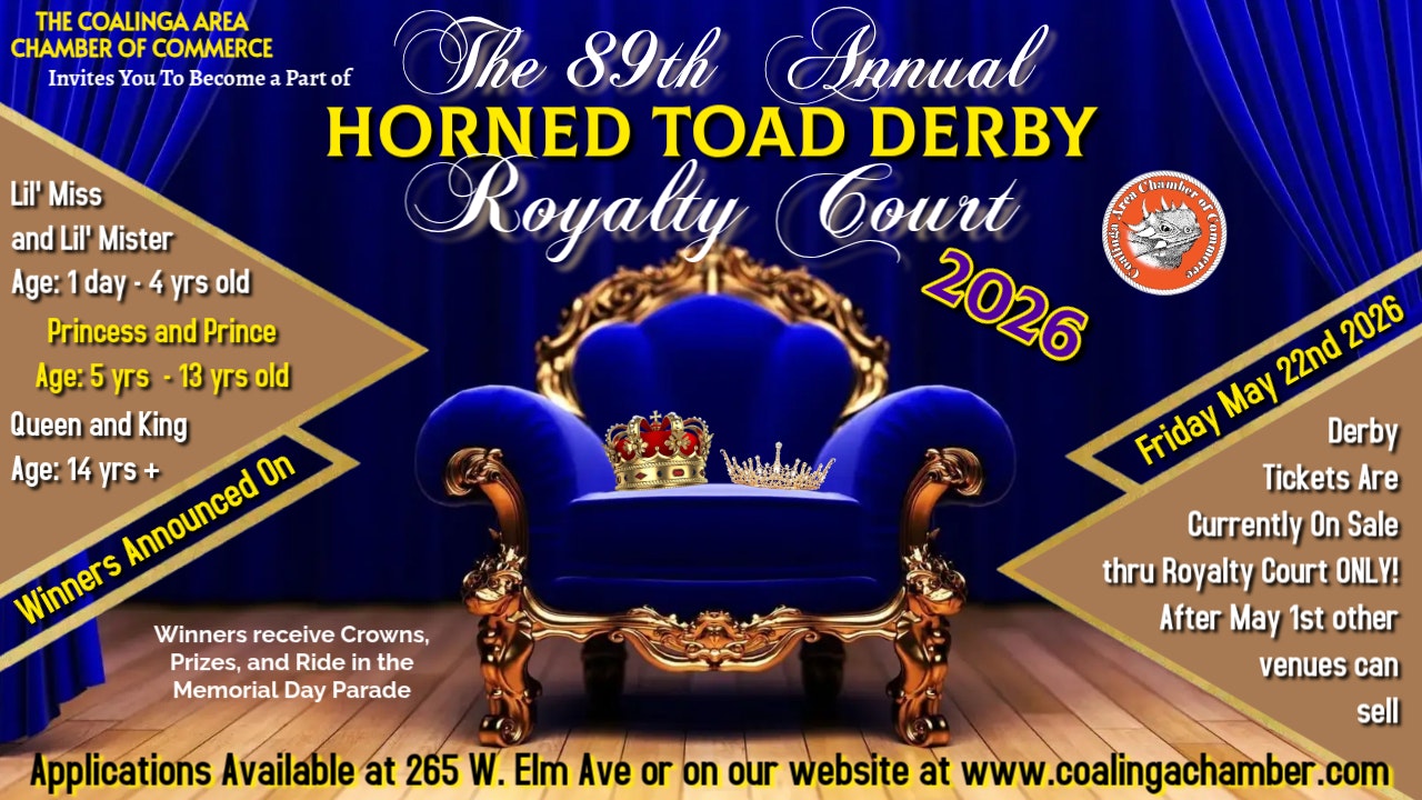 The image promotes the 89th Annual Horned Toad Derby Royalty Court, highlighting age categories and ticket sales for the event.