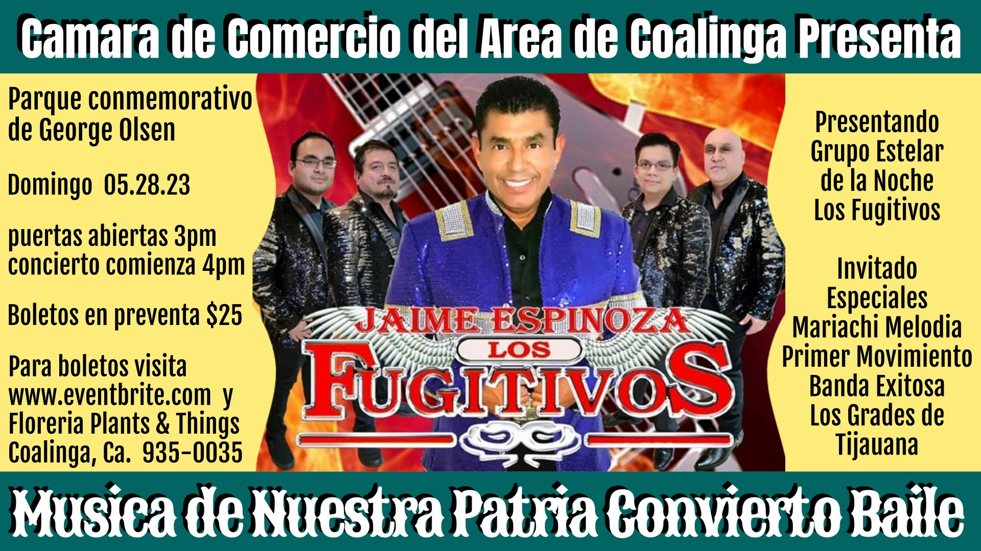 Event poster for Los Fugitivos concert on May 28, 2023, at George Olsen Park, with various performers and ticket info.