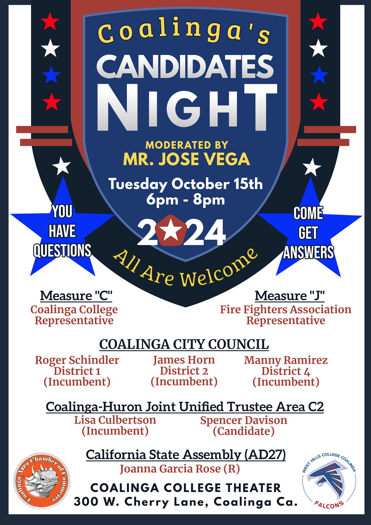 Poster for Coalinga's Candidates Night event, moderated by Mr. Jose Vega on October 15th, 6-8pm, listing various candidates and measures.