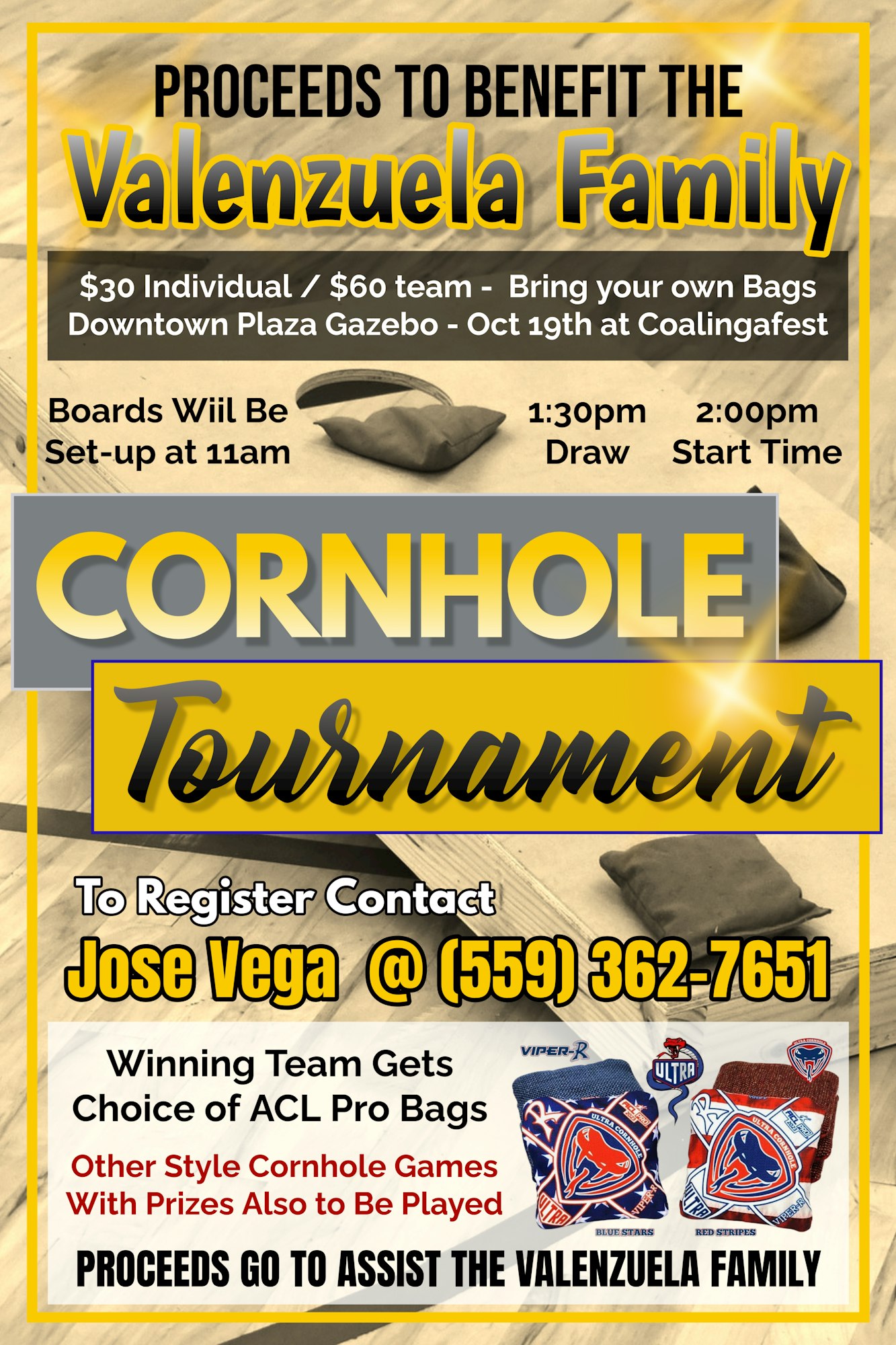 A flyer for a cornhole tournament benefiting the Valenzuela Family, with contact details, event time, and prizes mentioned.