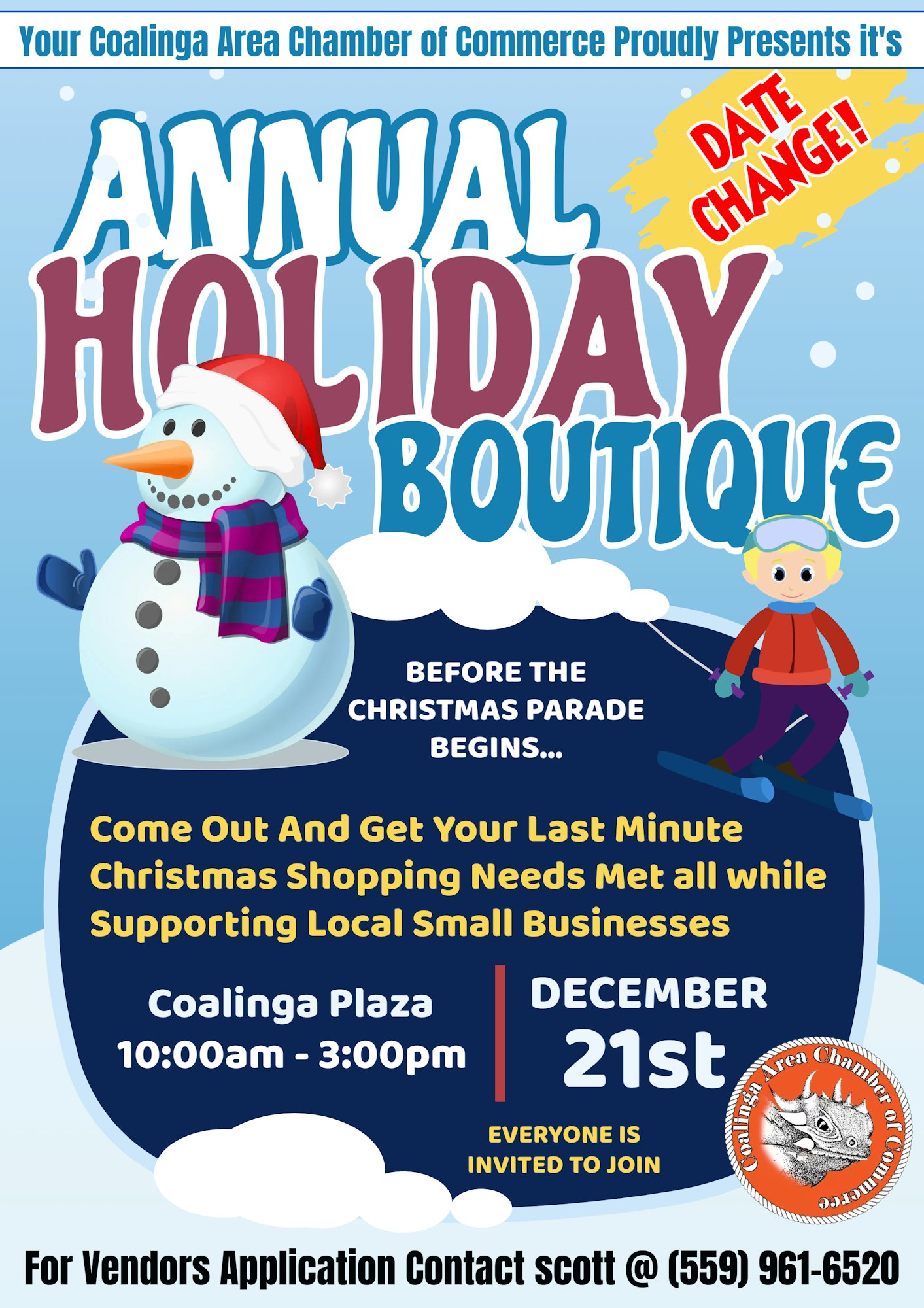 Annual Holiday Boutique flyer for December 21st at Coalinga Plaza, 10 AM-3 PM. Christmas shopping and local vendors.