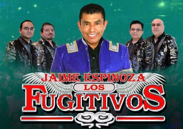 The image features a musical group called "Los Fugitivos" with Jaime Espinoza in the center, showcasing their performance attire.