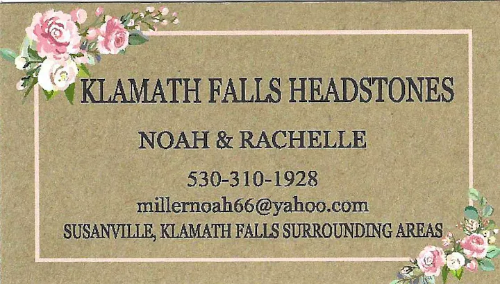 The image features a business card for Klamath Falls Headstones, listing Noah & Rachelle with contact details.