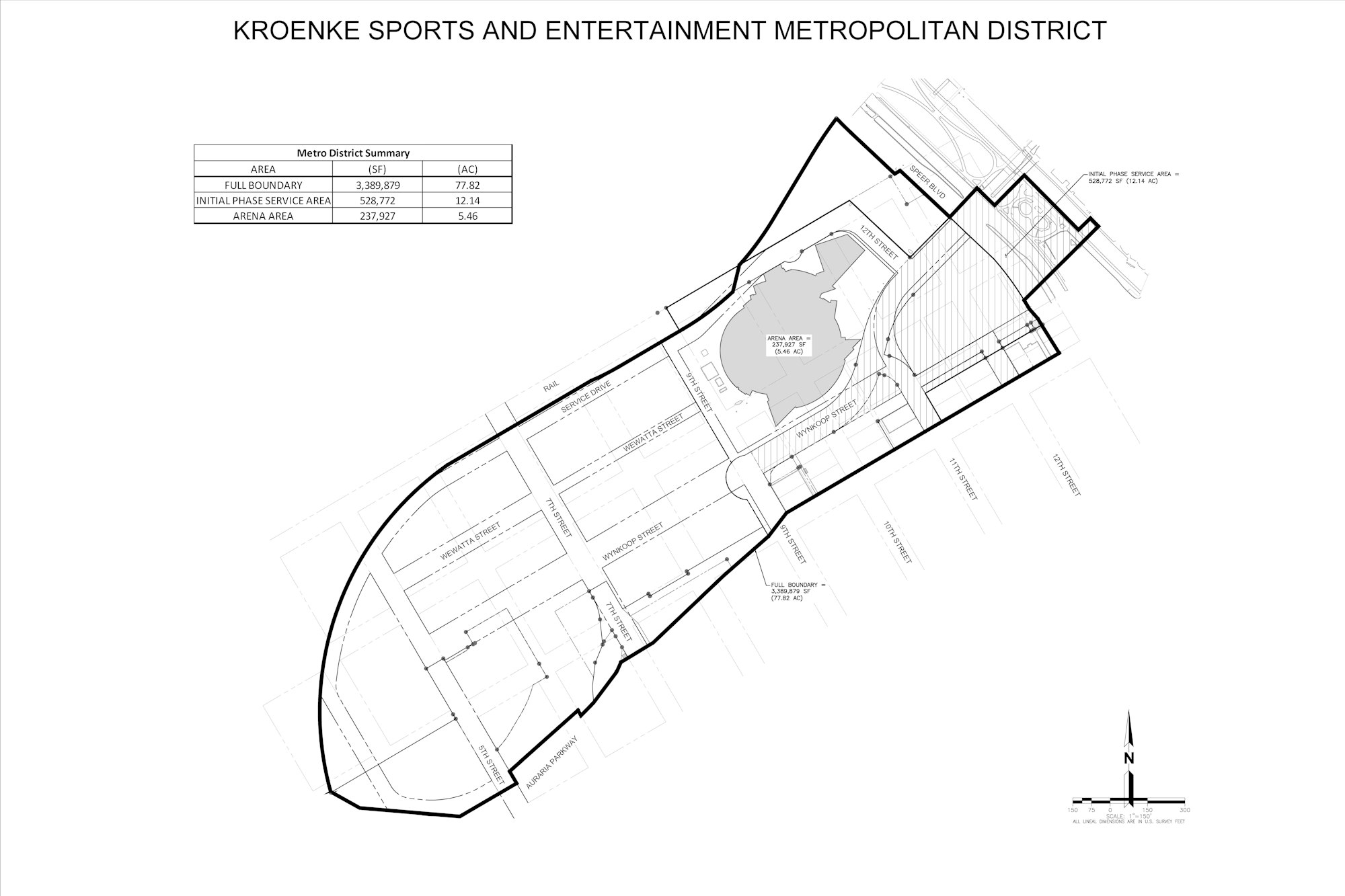 Map of Kroenke Sports and Entertainment District Nos. 1-5, generally located west of Denver’s downtown area, bounded roughly by the consolidated mainline railway to the northwest, Speer Boulevard to the northeast, and Auraria Parkway to the south, in the City and County of Denver, State of Colorado