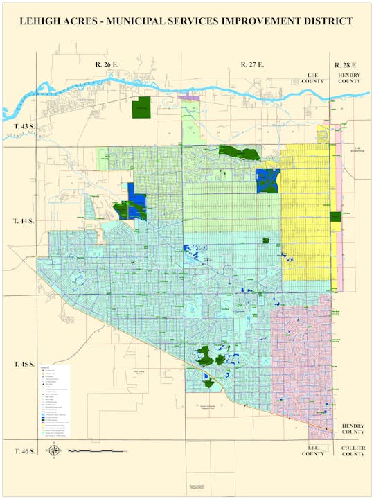 Map of Lehigh Acres Municipal Services Improvement District with roads, water control structures, bridges, preserves, and colored drainage basin areas.