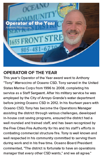 Anthony "Tony" Marraccino is awarded "Operator of the Year" at Oceano CSD for his 14 years of service and commitment.
