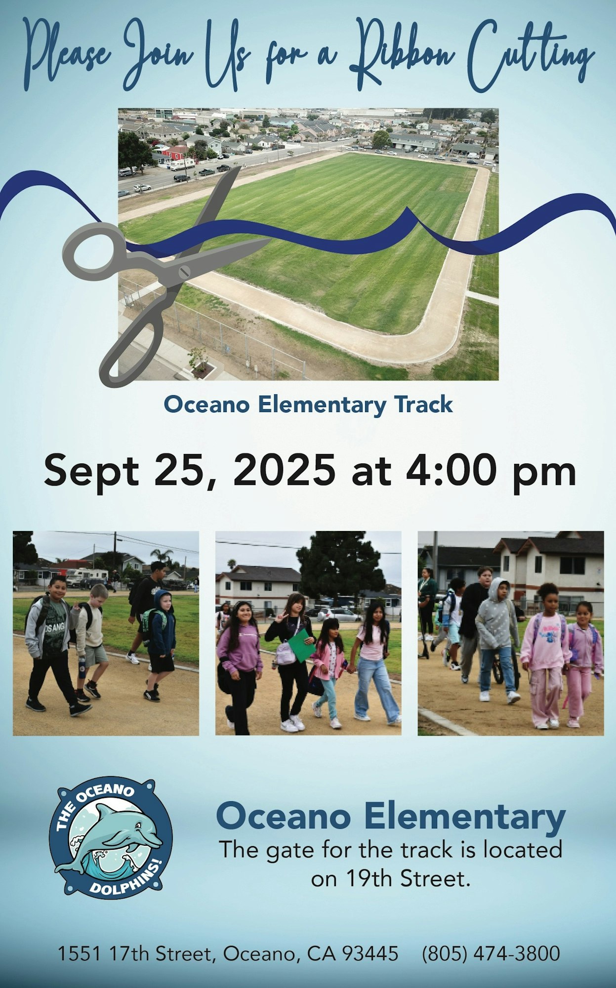 Ribbon cutting event for Oceano Elementary Track on Sept 25, 2025, at 4:00 pm. Address: 1551 17th Street, Oceano, CA.