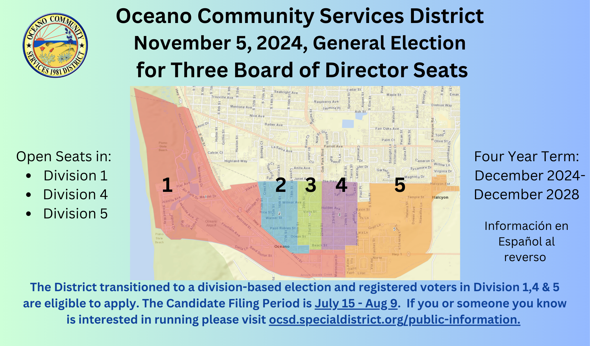Election notice for Oceano Community Services District, showing district map and open board seats for a 2024 election.