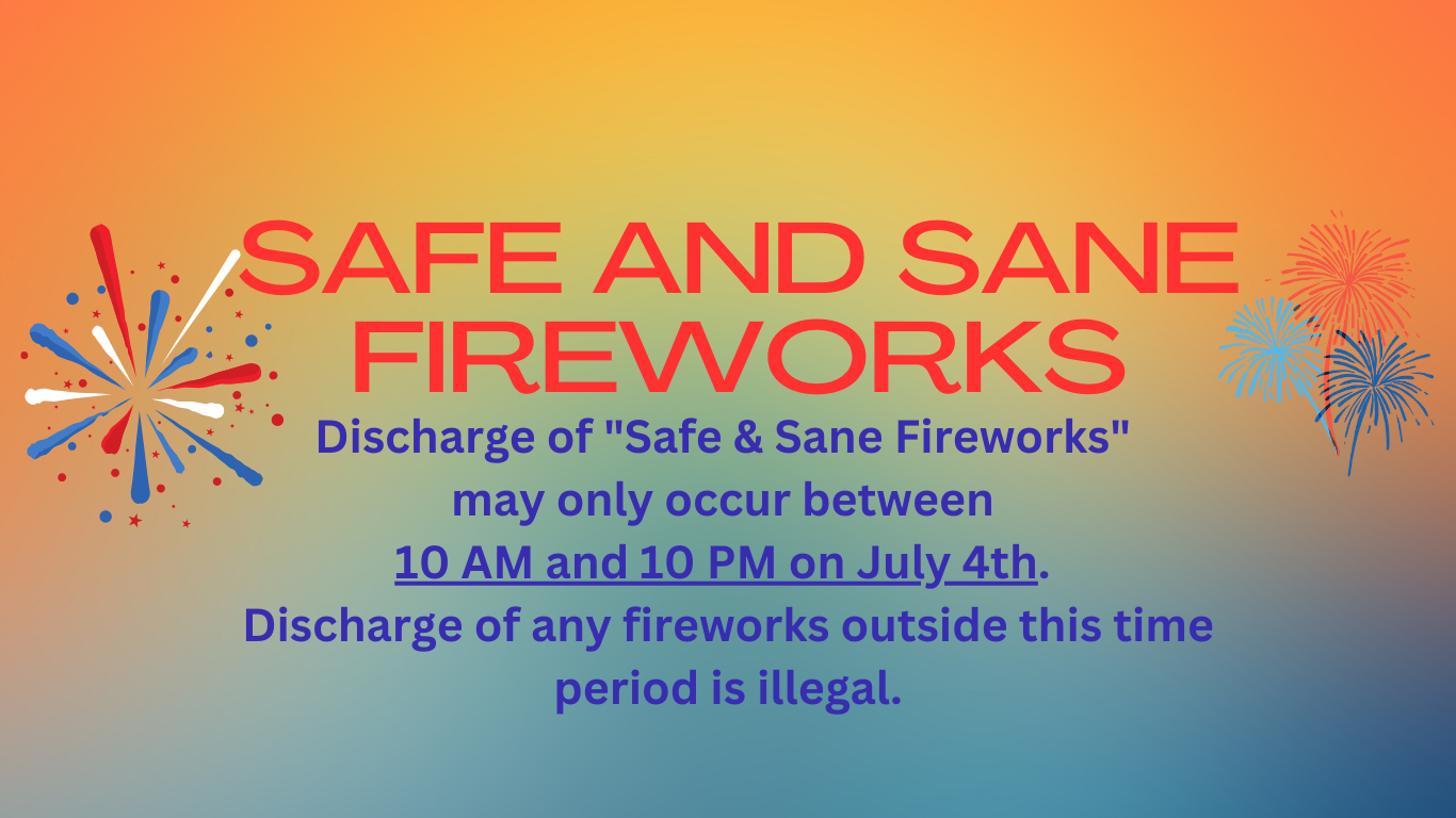 A graphic with text about fireworks usage restricted to 10 AM-10 PM on July 4th; illegal otherwise.