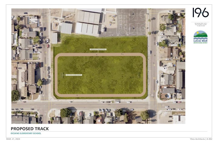 Aerial view of a proposed track at Oceano Elementary School, surrounded by streets and buildings.