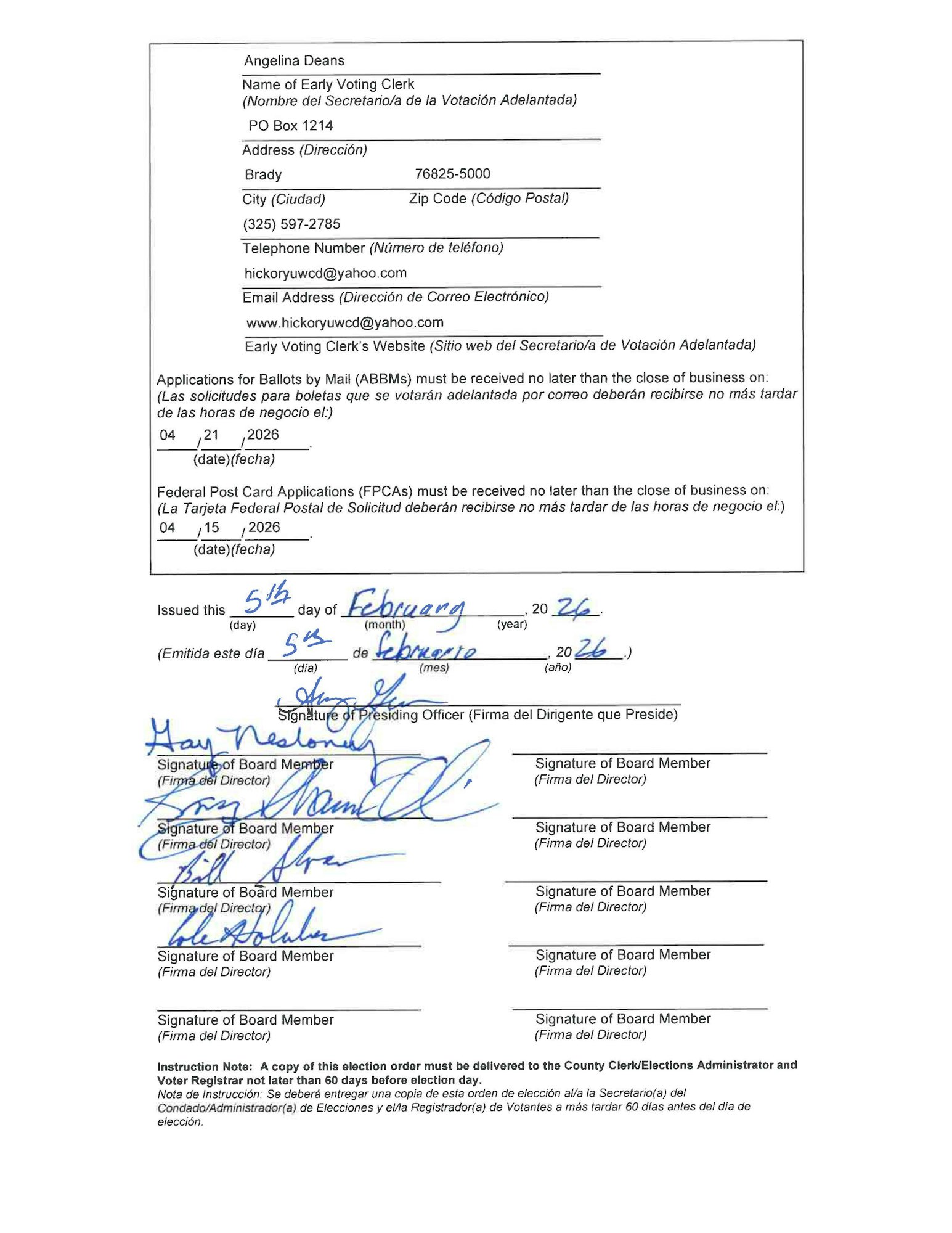 The image contains a form related to early voting, including contact details and signatures from board members.
