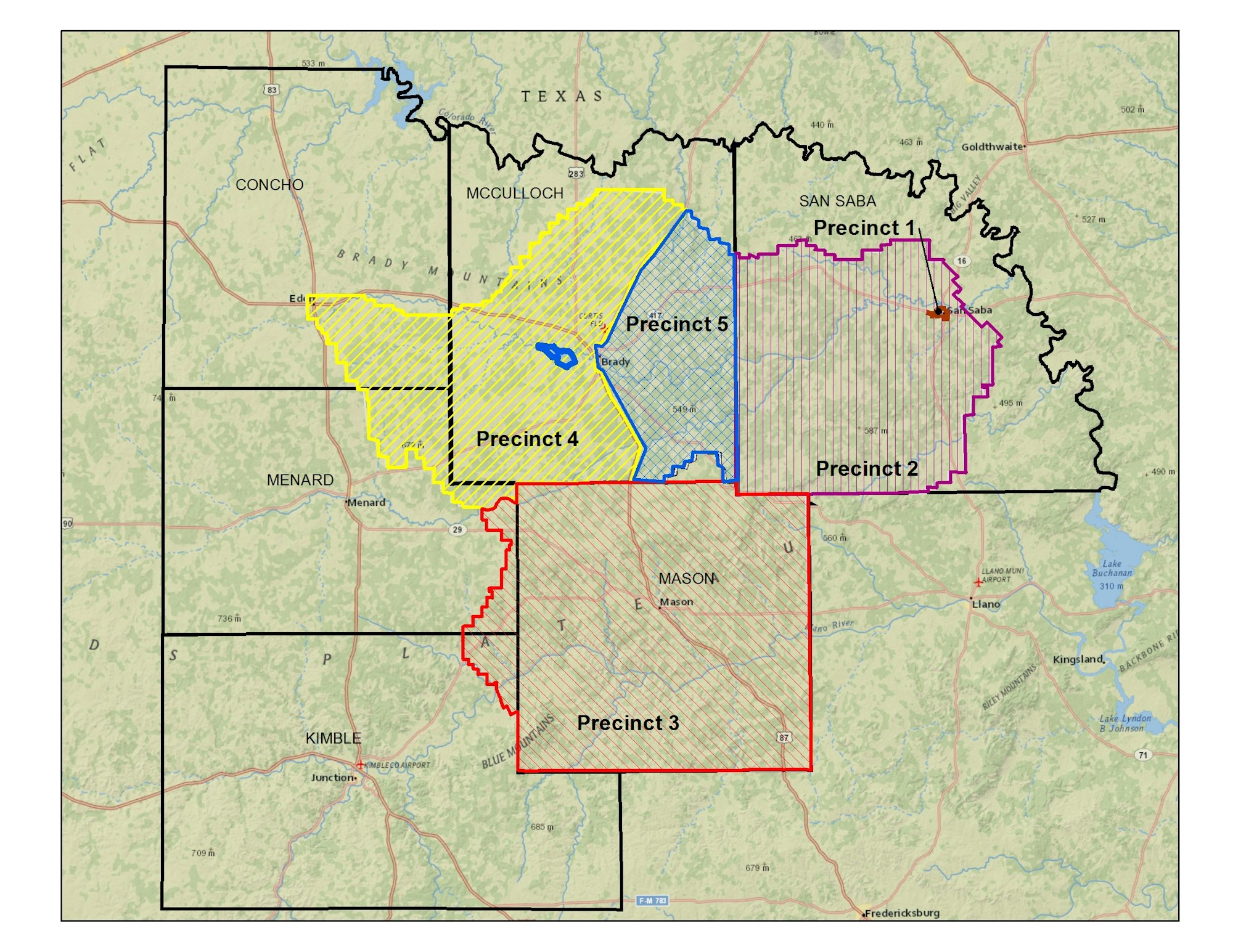 Map showing five different precincts with color-coded boundaries in a Texan county.